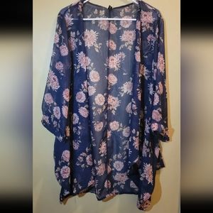 Women's Kimono with Red Flowers Size 2XL 3/4 Sleeve Oversized Blue Mixfeer